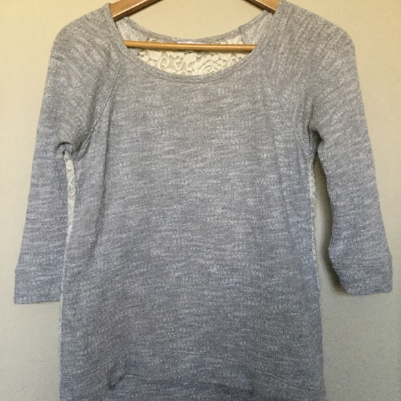 Express Extra Small Heather Gray Baseball Tee with Floral Crochet Back - Picture 1 of 12